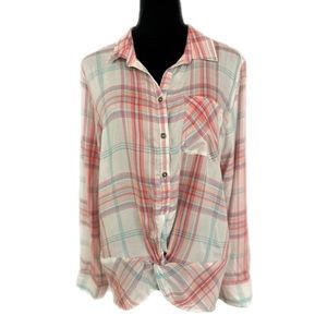 C&C California Super Soft Plaid Pull-over Button Roll Tab Long Sleeve Top Sz L